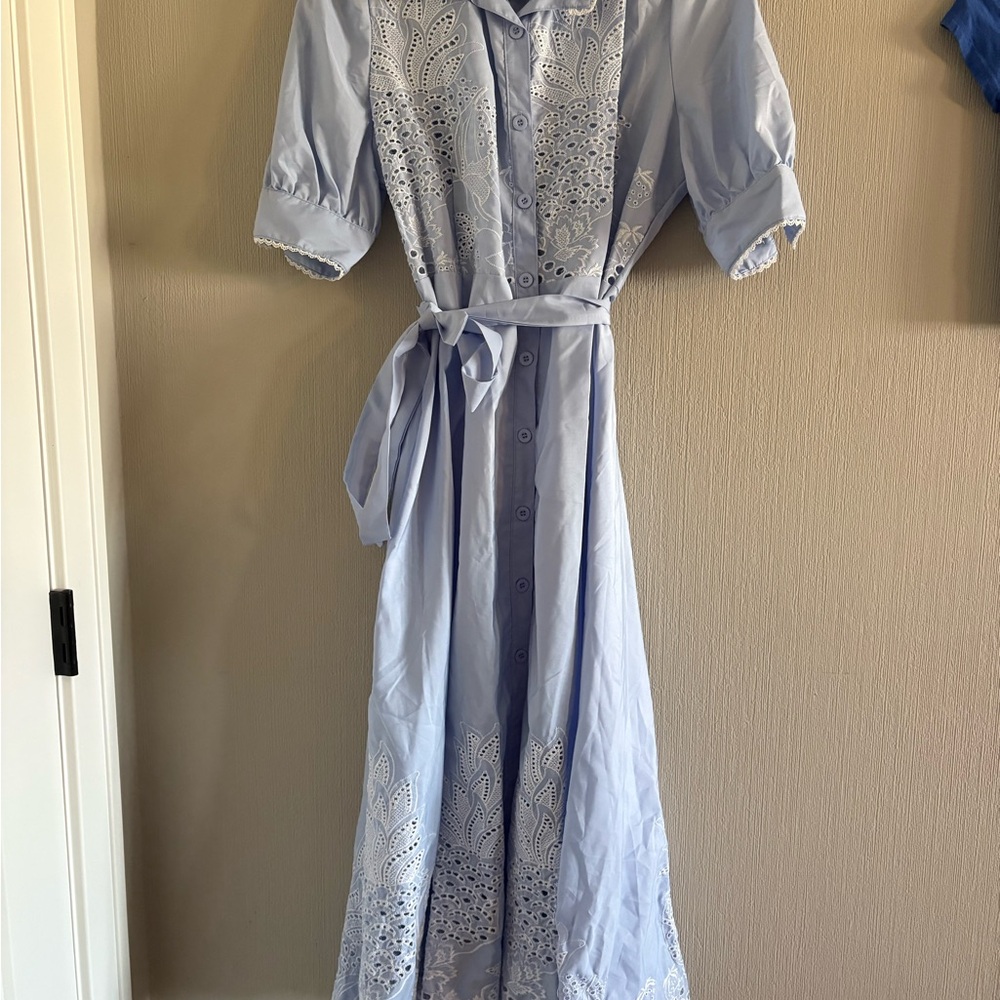 NWT Light Blue Eyelet Button-Front Long Sleeve Dress with Waist Tie